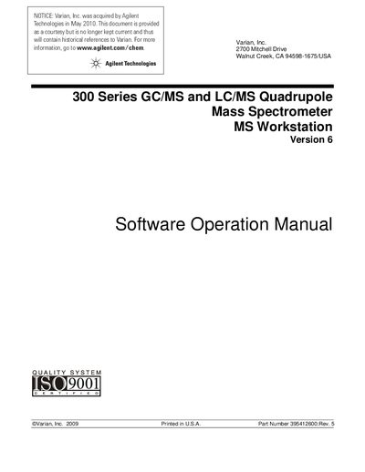 Agilent 300 Series GC/MS LC/MS MS Workstation Version 6 Software Operation Manual - cover page