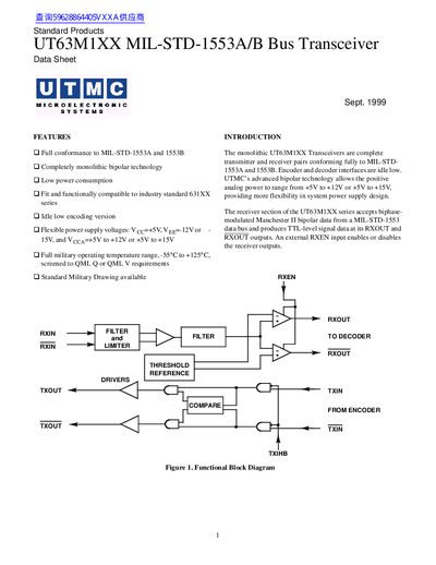 UTMC UT63M1XX MIL-STD-1553A/B Bus Transceiver Data Sheet - cover page