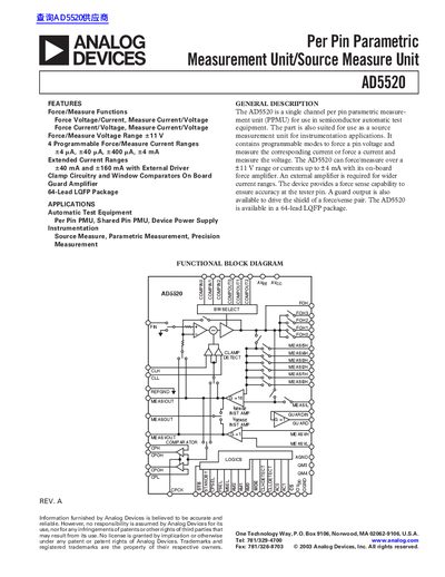 Analog Devices AD5520 Parametric Measurement Unit Datasheet - cover page