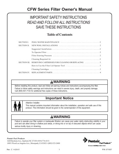 Pentair Pool Products CFW Series Filter Owner's Manual - cover page