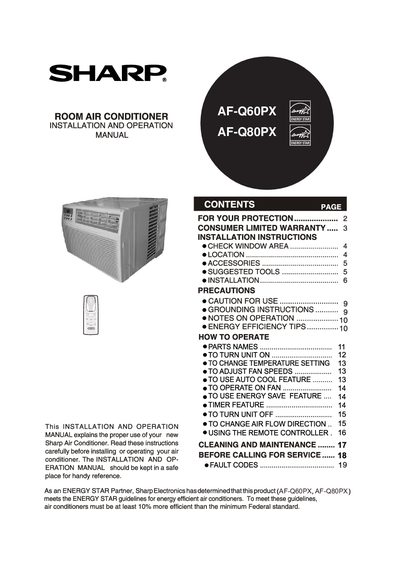 Sharp AF-Q60PX/AF-Q80PX Room Air Conditioner Installation and Operation Manual - cover page