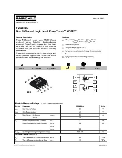 Fairchild FDS6930A Dual N-Channel Logic Level PowerTrench MOSFET Datasheet - cover page