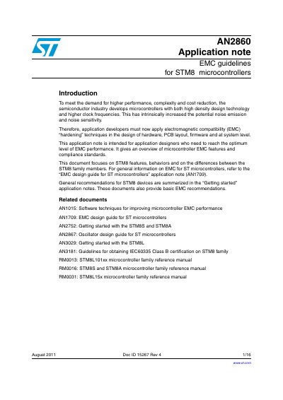 STM8 Microcontrollers EMC Guidelines Application Note AN2860 - cover page