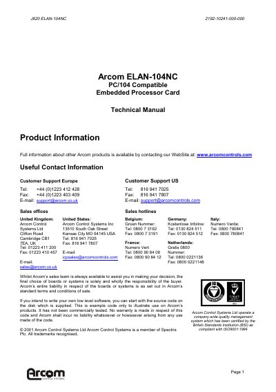 Arcom ELAN-104NC Embedded Processor Card Technical Manual - cover page