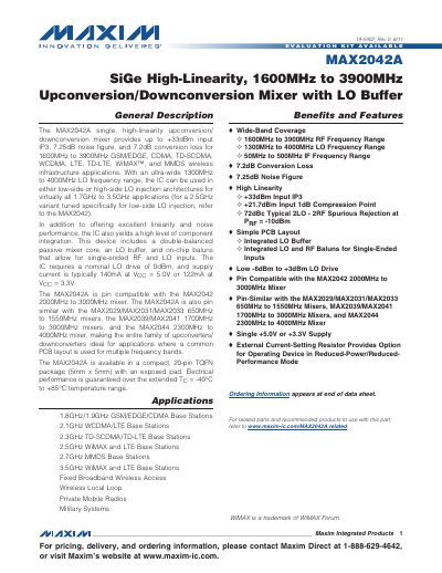 Maxim MAX2042A SiGe High-Linearity Mixer Data Sheet - cover page