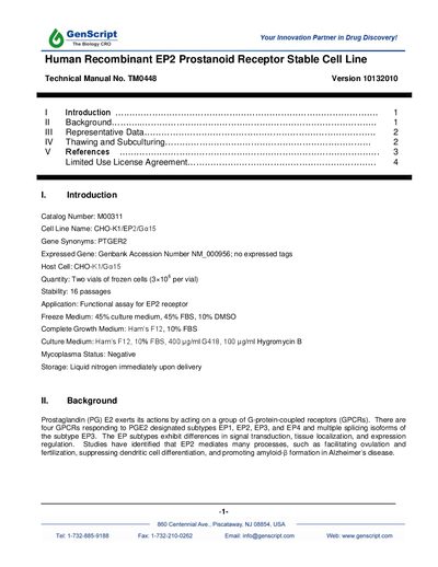 GENSCRIPT Human Recombinant EP2 Prostanoid Receptor Stable Cell Line Version 10132010 user manual