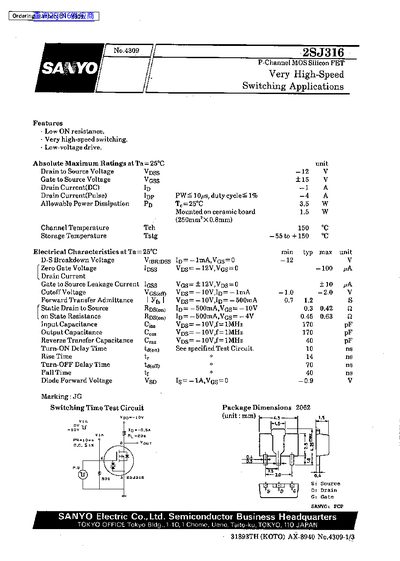 SANYO 2SJ316 P-Channel MOS Silicon FET Datasheet - cover page
