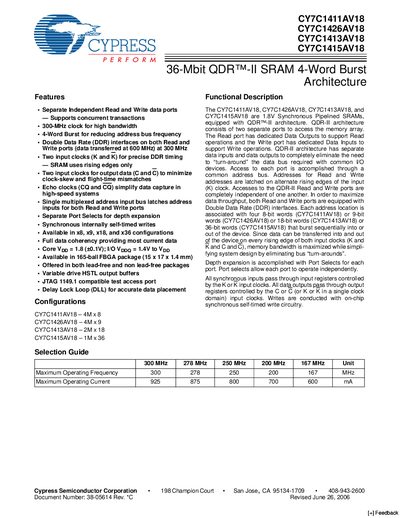 Cypress CY7C1411AV18/CY7C1426AV18/CY7C1413AV18/CY7C1415AV18 Datasheet - cover page
