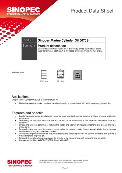 Sinopec Marine Cylinder Oil 5070S Product Data Sheet - cover page