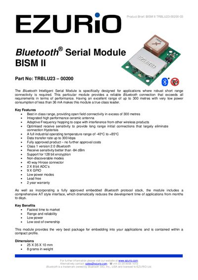 Ezurio TRBLU23-00200 Bluetooth Serial Module BISM II Datasheet - cover page