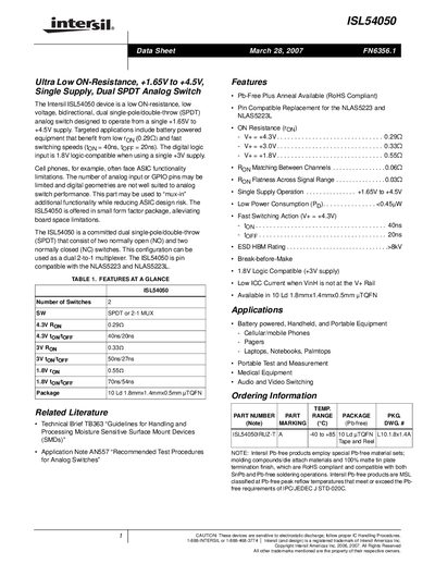 Intersil ISL54050 Datasheet - cover page