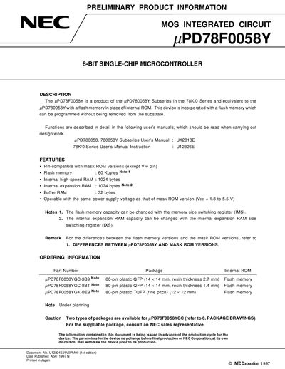 NEC uPD78F0058Y Microcontroller User Manual - cover page
