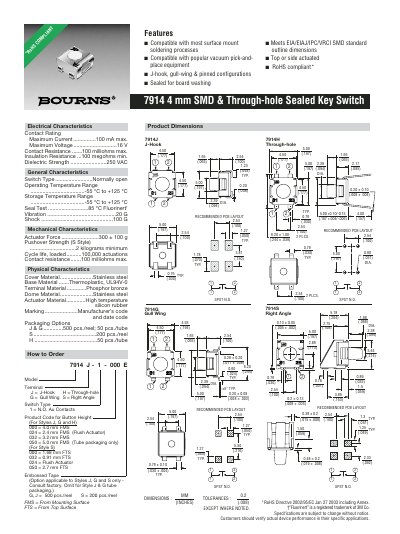 7914 4 mm SMD & Through-hole Sealed Key Switch Datasheet - cover page