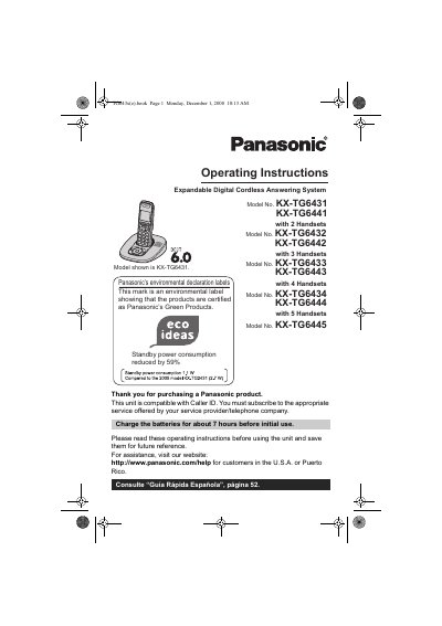 Panasonic KX-TG6431/KX-TG6441/KX-TG6432/KX-TG6442/KX-TG6433/KX-TG6443/KX-TG6434/KX-TG6444/KX-TG6445 Manual - cover page