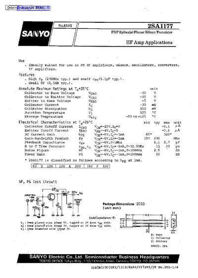 Sanyo 2SA1177 PNP Silicon Transistor Datasheet - cover page