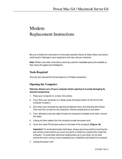 Apple Power Mac G4 Modem Replacement Instructions - cover page