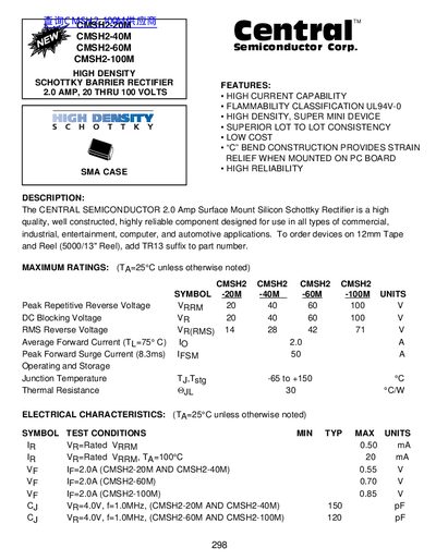 Central CMSH2-20M CMSH2-40M CMSH2-60M CMSH2-100M HIGH DENSITY SCHOTTKY BARRIER RECTIFIER 2.0 AMP 20 THRU 100 VOLTS handbook