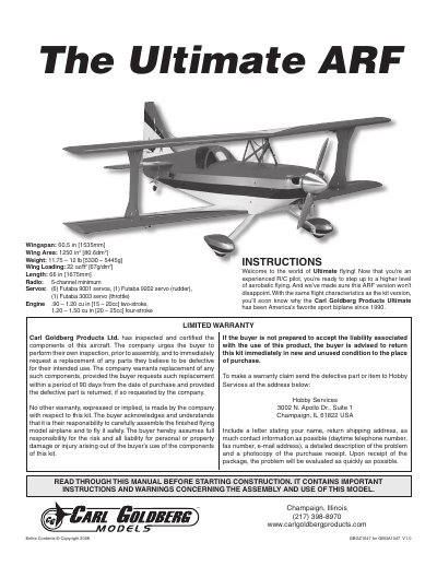 Carl Goldberg Products Ultimate ARF Assembly and Operation Manual - cover page