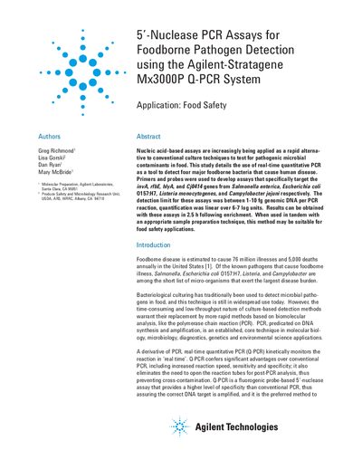 5'-Nuclease PCR Assays for Foodborne Pathogen Detection using Agilent-Stratagene Mx3000P Q-PCR System - cover page