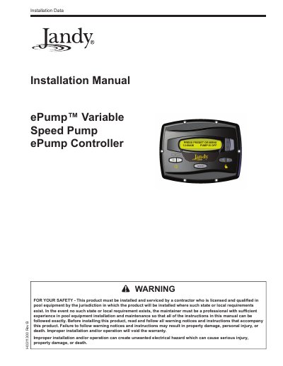 Jandy ePump H0311300 Variable Speed Pump Controller Installation Manual - cover page