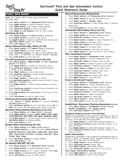 SunTouch Pool and Spa Automation Control Quick Reference Guide - cover page
