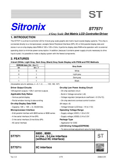 Sitronix ST7571 4-Level Gray Scale Dot Matrix LCD Controller Datasheet - cover page