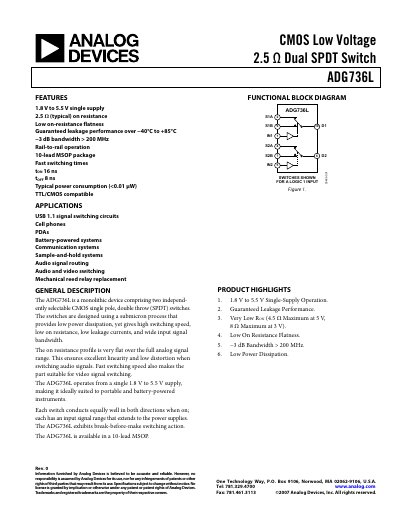 Analog Devices ADG736L CMOS Low Voltage Dual SPDT Switch Datasheet - cover page