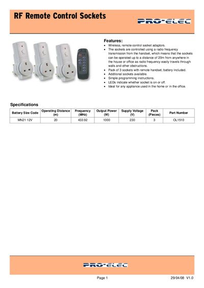 Pro-Elec MN21 RF Remote Control Sockets Datasheet - cover page