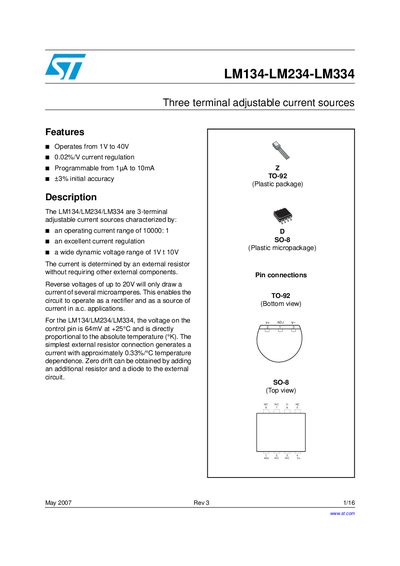 STMicroelectronics LM134 LM234 LM334 Adjustable Current Source Datasheet - cover page