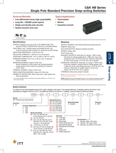 C&K HB Series Single Pole Standard Precision Snap-acting Switches Manual - cover page