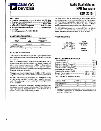 Analog Devices SSM-2210 Dual Matched Transistor Pair Datasheet - cover page