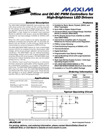 Maxim MAX16801A/B and MAX16802A/B LED Driver Datasheet