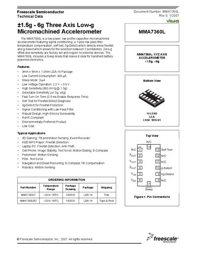 Freescale MMA7360L Accelerometer Datasheet - cover page
