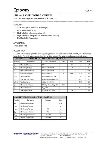 Optoway FL-3540 Laser Diode Module Datasheet - cover page