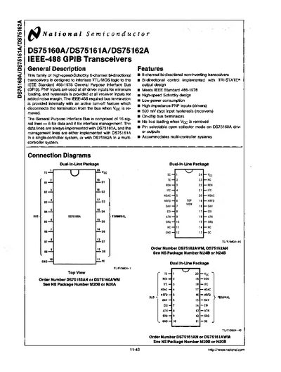 National Semiconductor DS75160A/DS75161A/DS75162A IEEE-488 GPIB Transceivers Datasheet