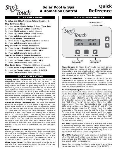 SunTouch Solar Only Mode Quick Reference Guide - cover page