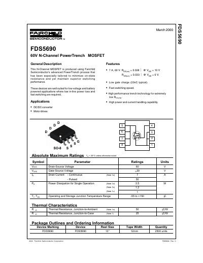 Fairchild FDS5690 N-Channel PowerTrench MOSFET Datasheet - cover page