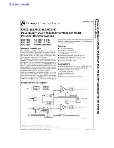 National Semiconductor LMX2335/LMX2336/LMX2337 PLLatinum Dual Frequency Synthesizer for RF Personal Communications handbook - cover page