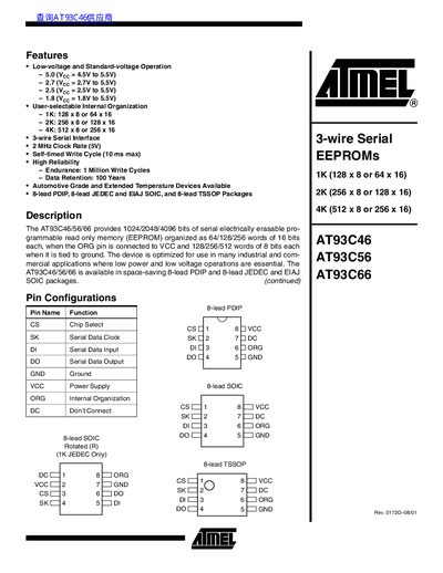 Atmel AT93C46/AT93C56/AT93C66 3‑wire Serial EEPROM Datasheet - cover page