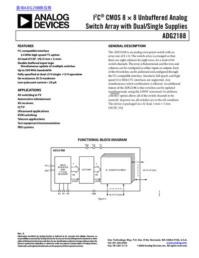 Analog Devices ADG2188 CMOS 8x8 Unbuffered Analog Switch Array Datasheet
