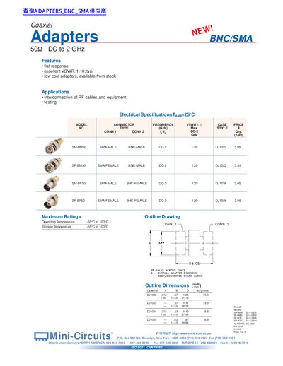 Mini-Circuits BNC/SMA Coaxial Adapters Product Leaflet - cover page