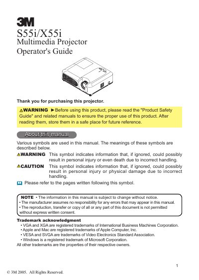 3M 1S55i/X55i Multimedia Projector Operator's Guide - cover page