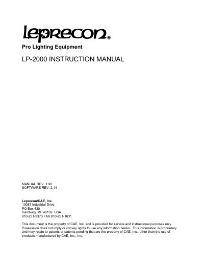 Leprecon LP-2000 Lighting Console Instruction Manual - cover page