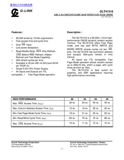 G-LINK GLT41316 64K x 16 CMOS Dynamic RAM Datasheet - cover page