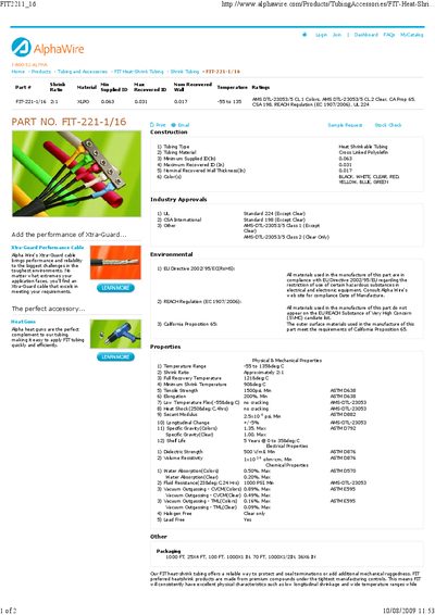 Alpha Wire FIT-221-1/16 Product Data Sheet - cover page