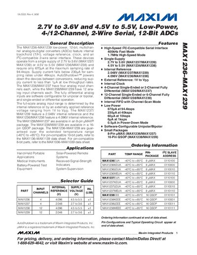 MAXIM INTEGRATED PRODUCTS MAX1236 MAX1239 2.7V to 3.6V 4.5V to 5.5V Low-Power 4-/12-Channel 2-Wire Serial 12-Bit ADCs Manual