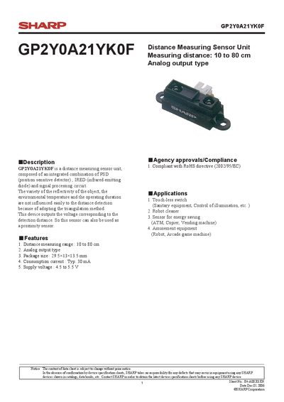 Sharp GP2Y0A21YK0F Distance Measuring Sensor Datasheet - cover page