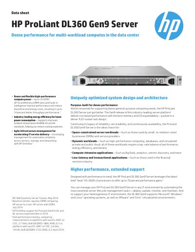 HP ProLiant DL360 Gen9 Server Data Sheet - cover page