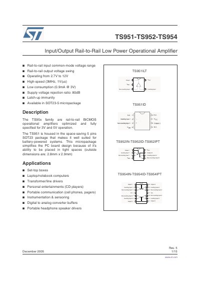 STMicroelectronics TS951-TS952-TS954 Operational Amplifier Datasheet - cover page