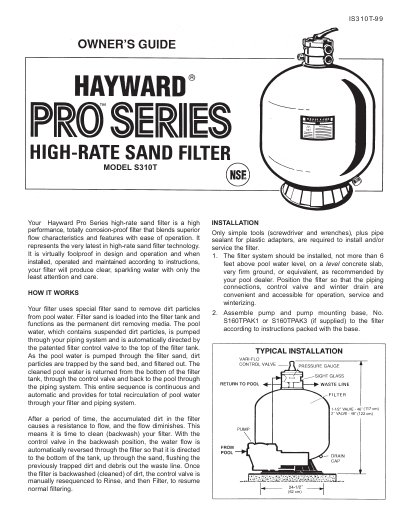 Hayward S310T Pro Series High-Rate Sand Filter Owner's Guide
